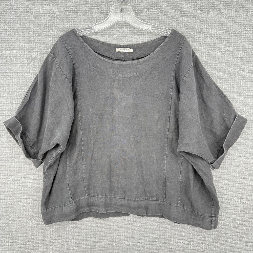 Coloria Blouse Womens One Size Gray Linen Relaxed Short Sleeve Pullover Lagen